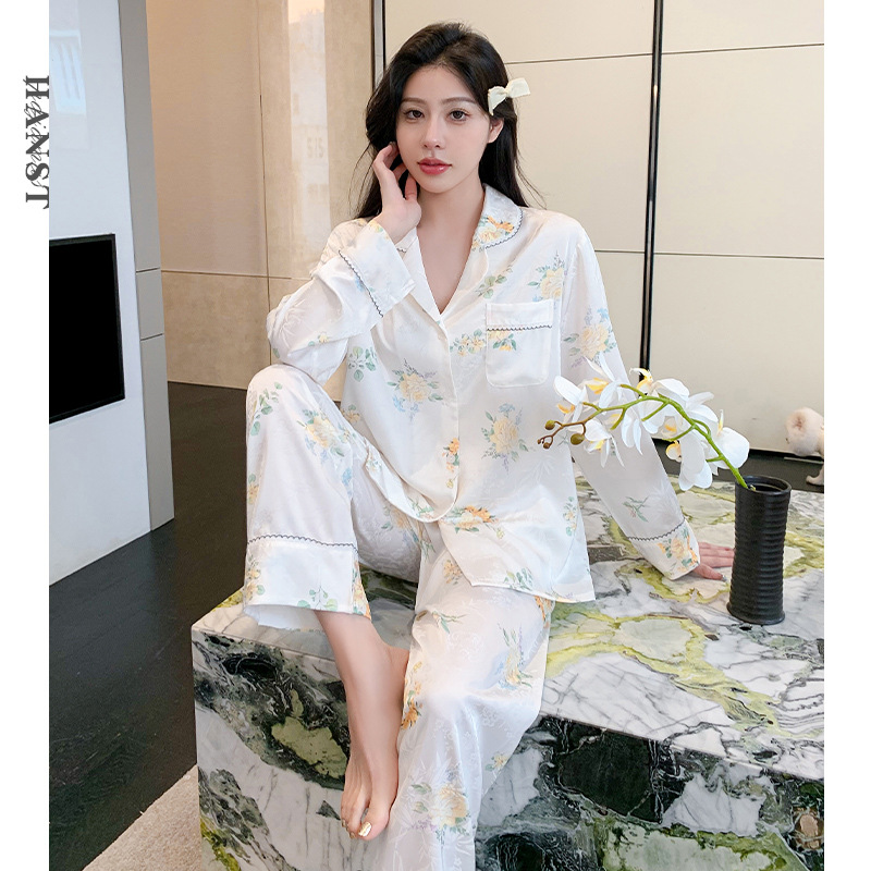 冰丝睡衣女春秋季薄款两件套长袖长裤仿真丝绸夏天家居服套装2024