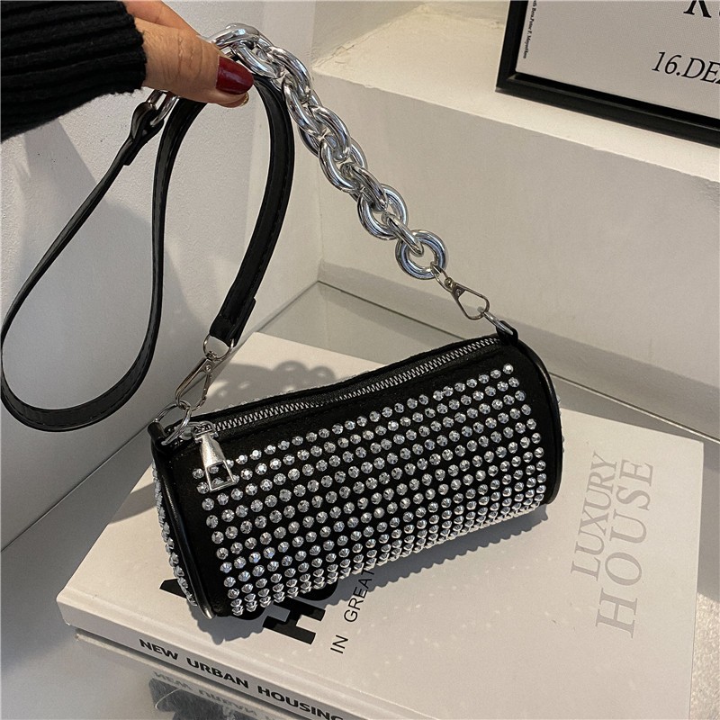 Cross-Border Popular One Shoulder Bag 2022 New Online Influencer Fashion Trend Rhinestone Chain Bag Elegantquality round Bag