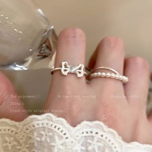 新款蝴蝶结珍珠开口珍珠戒指女夏小众轻奢高级感食指戒法式甜美指