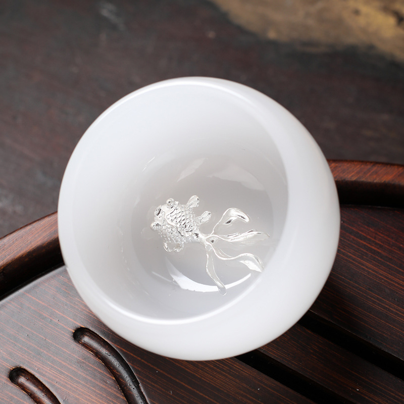 家用镶银白瓷玉瓷茶杯大号品茗杯琉璃玉建盏主人杯单杯银杯礼盒装