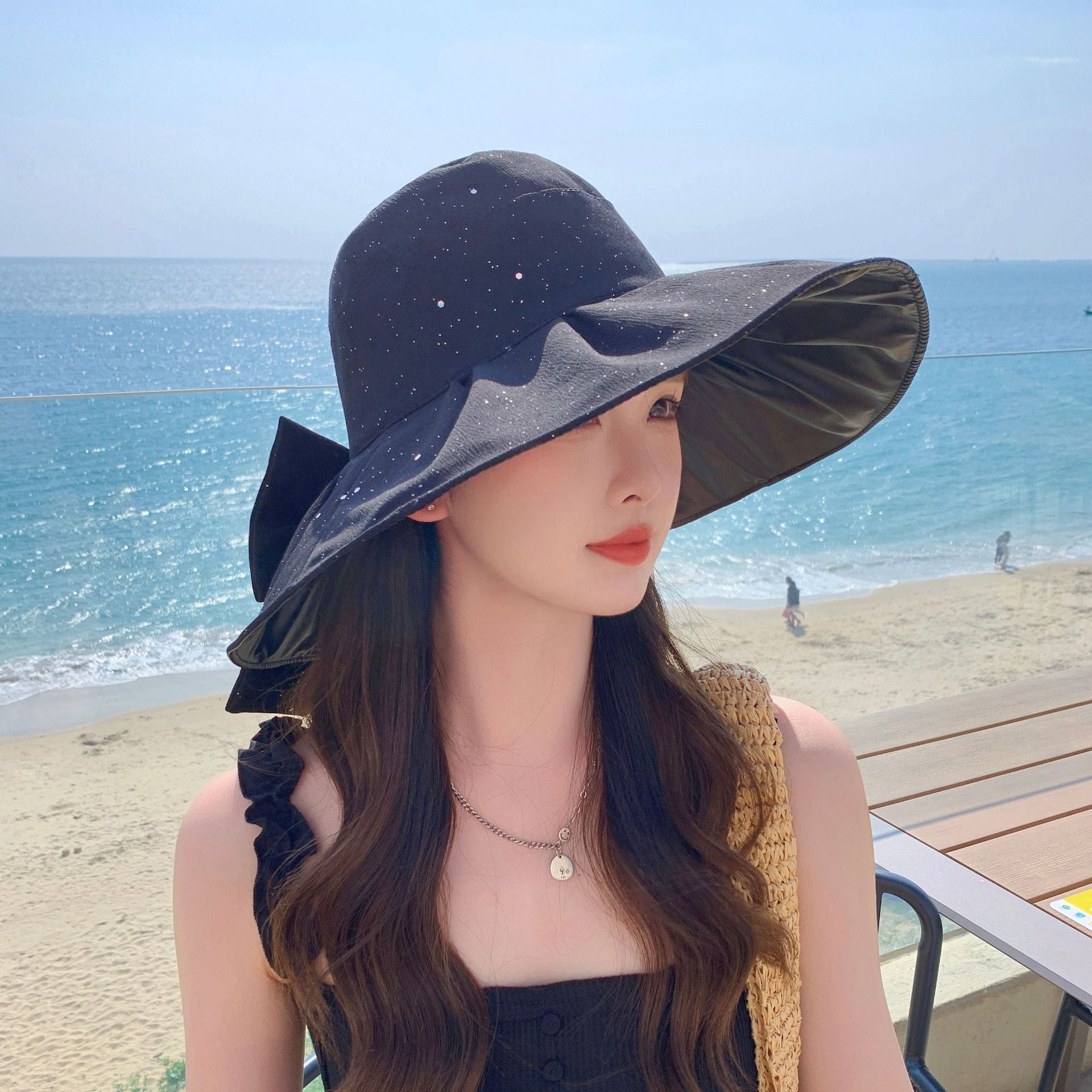 春夏季新款女士渔夫帽韩版纯色蝴蝶结彩胶防晒遮阳帽大檐太阳帽子