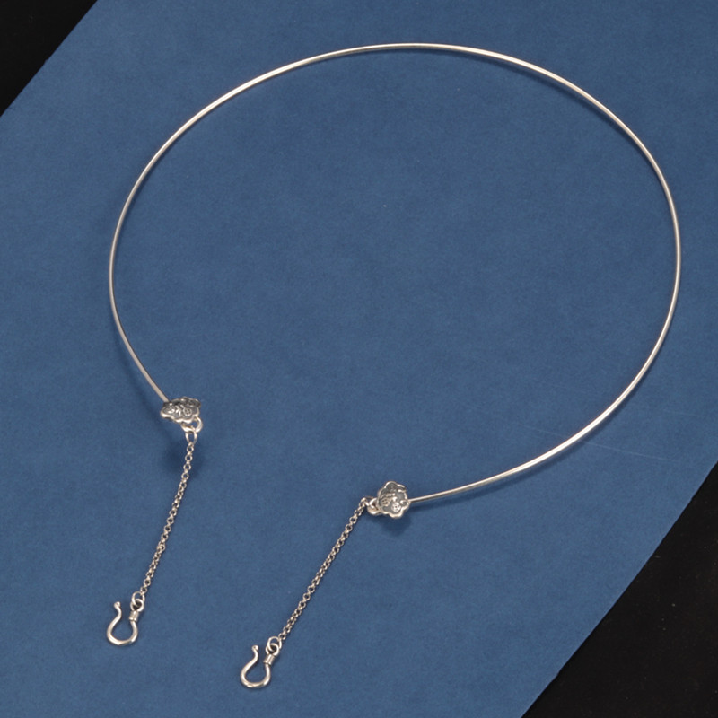 s925纯银福字如意硬项圈女古法项环名族风实心名族风流苏可挂吊坠