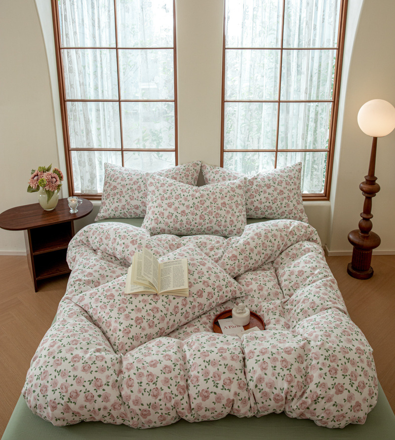 Four Seasons Cotton Double-Layer Yarn Four-Piece Set Washable Fresh Pure Cotton Bed Sheet Duvet Cover Sets Bedding