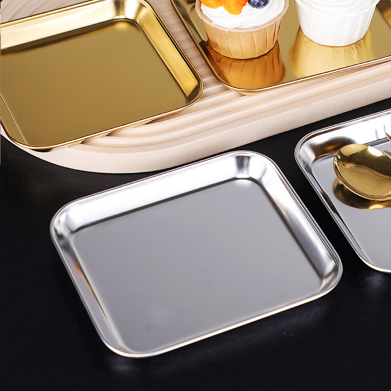 304 Korean Style Barbecue Plate Snack Tray Rectangular Golden Plate Dish Creative Flat Bottom Plate Dessert Plate Snack Dish