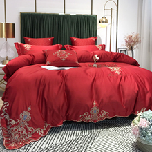 2N奢华欧式贡缎婚庆四件套大红色纯棉床单刺绣结婚床上用