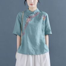 刺绣棉麻衬衫女2022夏季复古短袖衬衣套头立领盘扣中国风茶服上衣