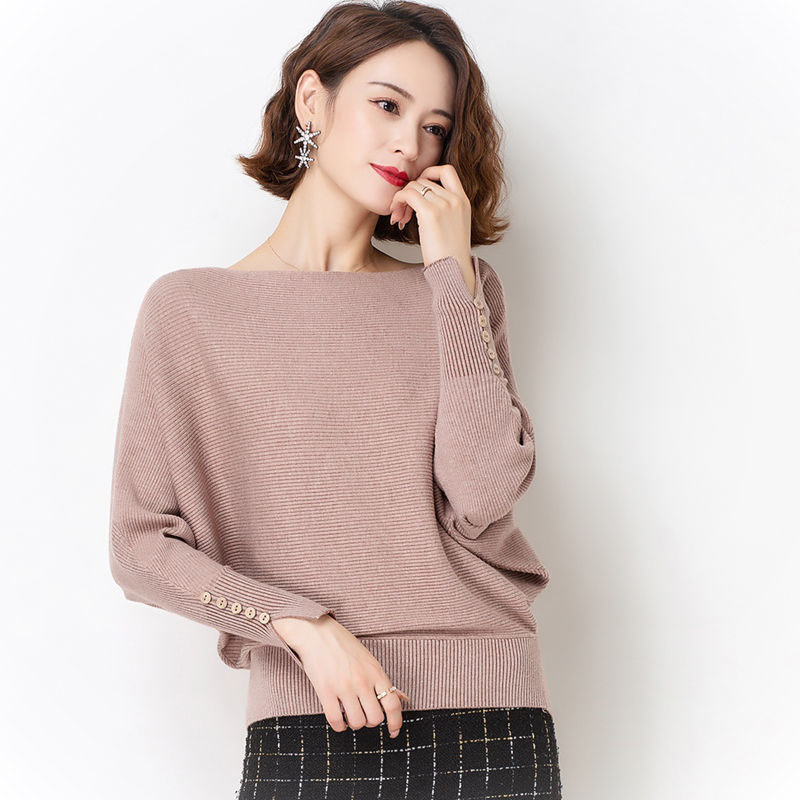 秋冬一字领蝙蝠袖针织衫女2021新款套头女士蝙蝠衫宽松上衣打底衫