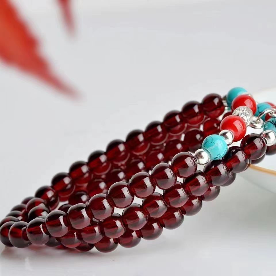 Burgundy Garnet Beaded 3-Ring Winding Bracelet Ethnic Style Elegant Halter Prayer Beads Beads Men and Women 6mm