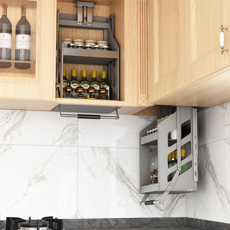 升降拉篮厨房吊柜下拉式调味调料伸缩上下置物架橱柜高柜垂直拉蓝