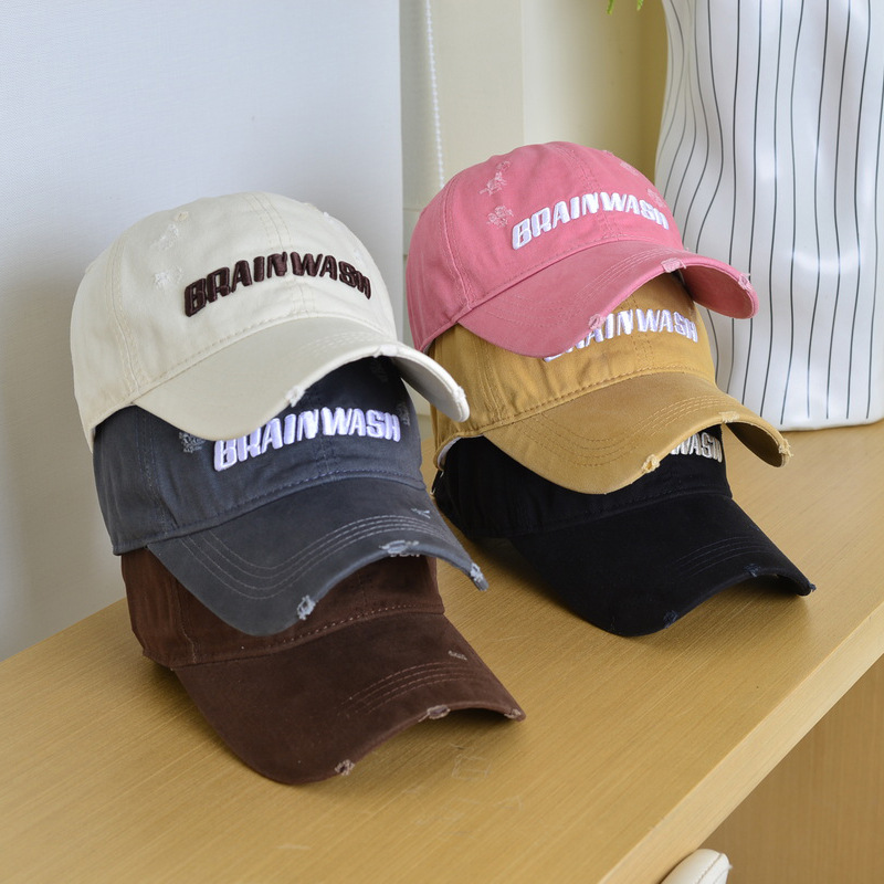 Cross-Border European and American Hat Women's Washed Solid Color Ripped Baseball Cap Spring and Summer American Retro Distressed Peaked Cap Men