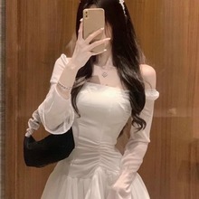 TZ2936法式初恋白色连衣裙女2023秋季新款一字肩收腰显瘦雪纺短裙