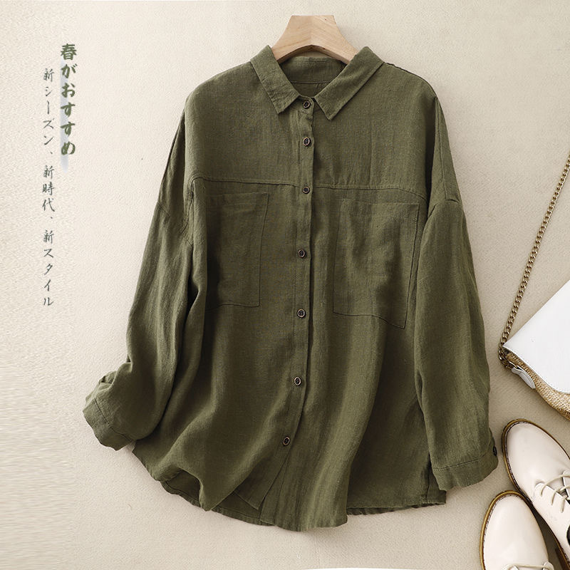 翻领棉麻衬衫女士2025春秋新款妈妈宽松遮肚高端棉麻长袖开衫上衣