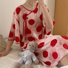 新中式棉绸睡裙夏季甜美少女国风睡衣优雅高级感可外穿大码绵绸裙