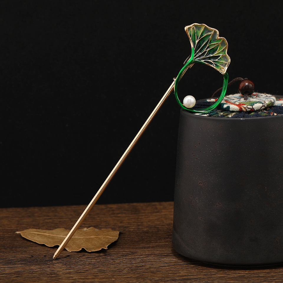 古风盘发银杏叶淡水珍珠发簪旗袍国风簪子滴胶釉彩国潮钗子头饰品