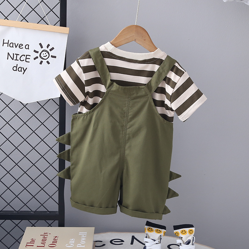 2024 Boys' Summer New Suspender Suit Children's Korean Style Kid Baby Cartoon Short Sleeve Two-Piece Suit Summer Fashion