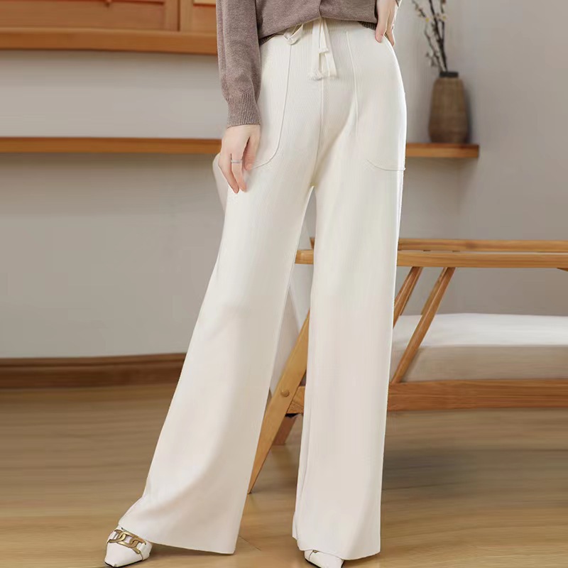 Autumn and Winter New Women's Knit Trousers 2023 Korean Style Elastic Waistband Color Casual Pants outside Wide Mop Straight Pants