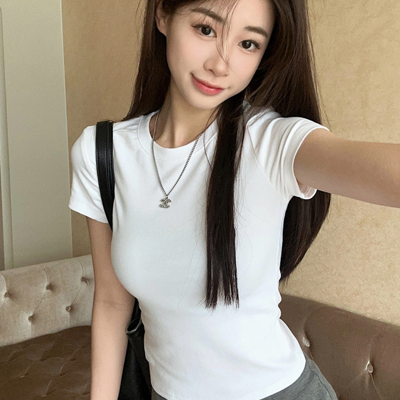 白色短袖打底衫内搭t恤女装春夏季新款修身辣妹短款正肩紧身上衣