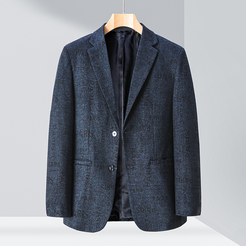 含羊毛高端男士西装外套男春季新款印花商务休闲西服上衣单西男装