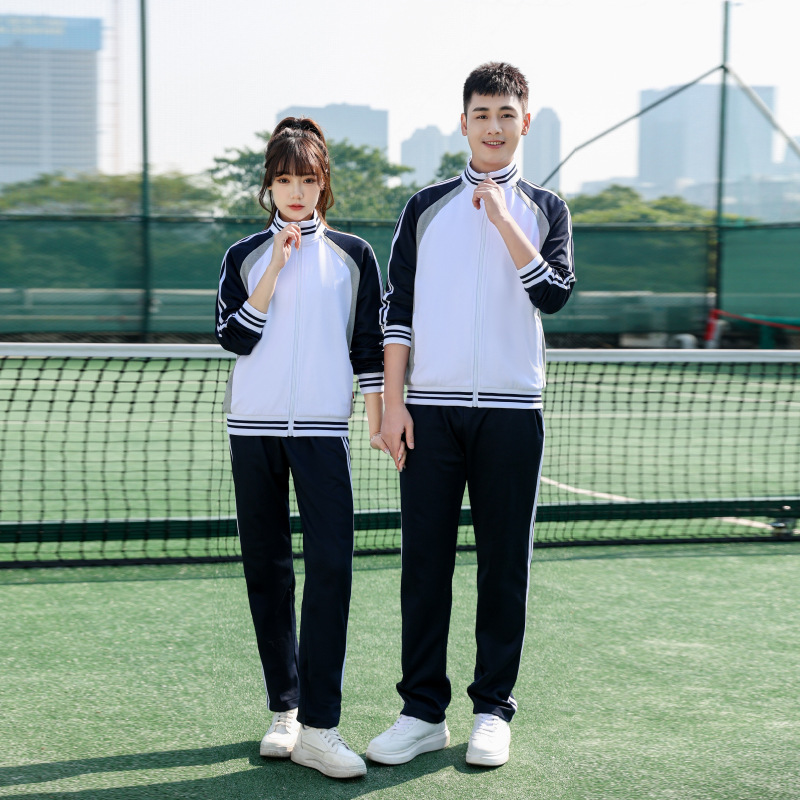 中小学生校服套装长袖南韩丝运动服春秋白配深蓝高中初中生三件套