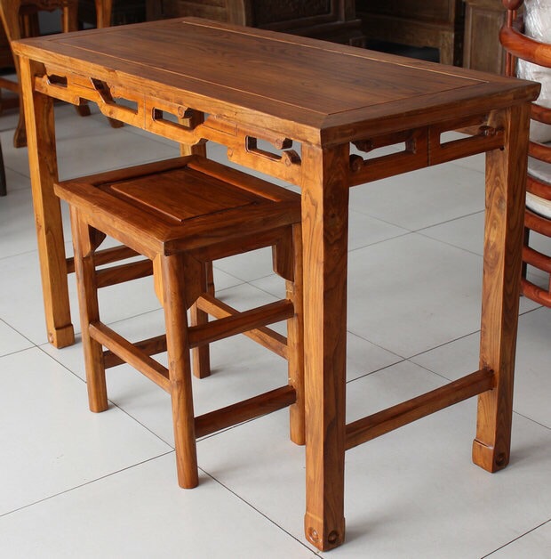 新中式老榆木环保免漆烫蜡古琴桌琴凳榫卯结构书桌条桌实木国学桌