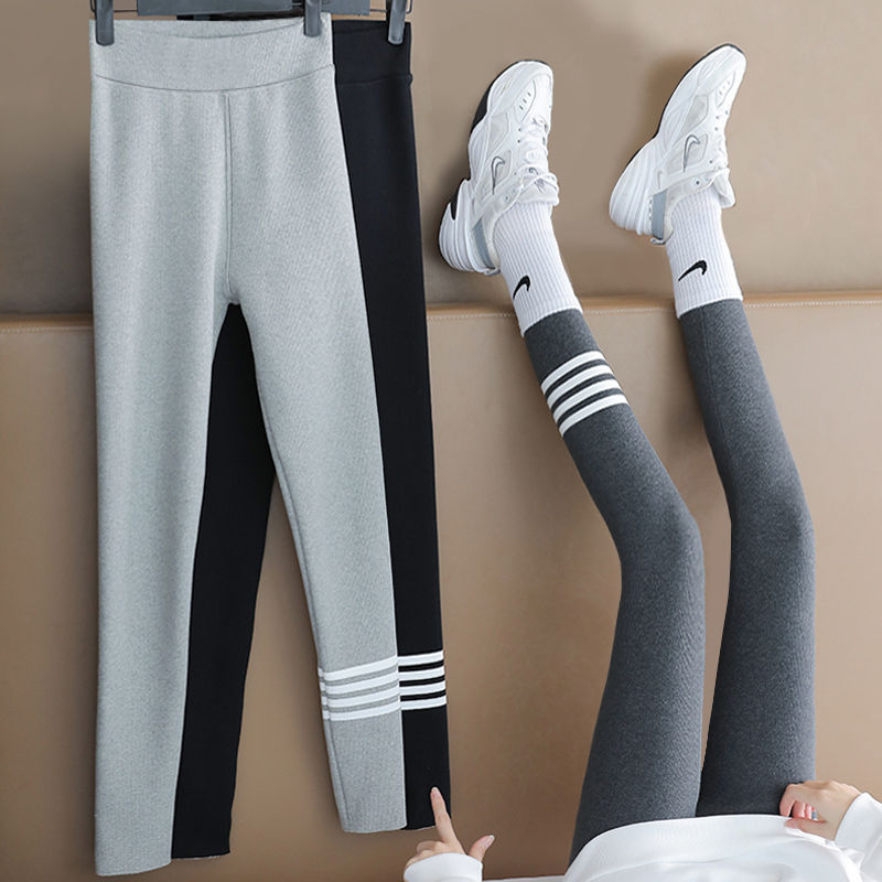 leggings women‘s outer wear autumn and winter new fleece-lined thickened cropped high waist threaded figure flattering all-matching stretch feet pants