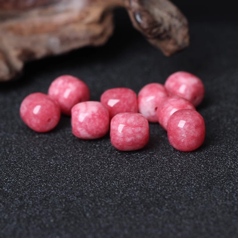 育奏 红纹石玉髓老型珠蔷薇石桶珠半成品diy手工饰品配件路路通批