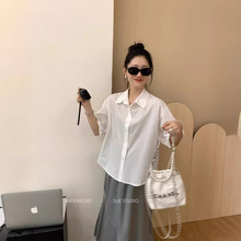 SUE夏季新款刺绣卷边衬衫女韩系法式小众设计感短袖显瘦上衣56120