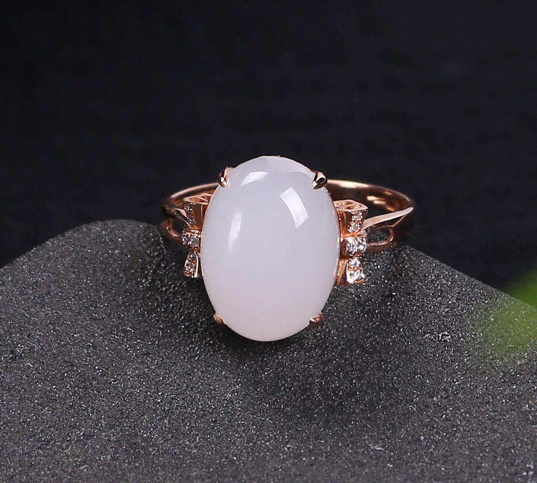 【18k金镶嵌天然和田羊脂白玉戒指 】裸石20mm厚金有质感细腻温润