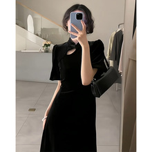 法式复古新中式感改良旗袍长裙子气质收腰黑色丝绒连衣裙夏季