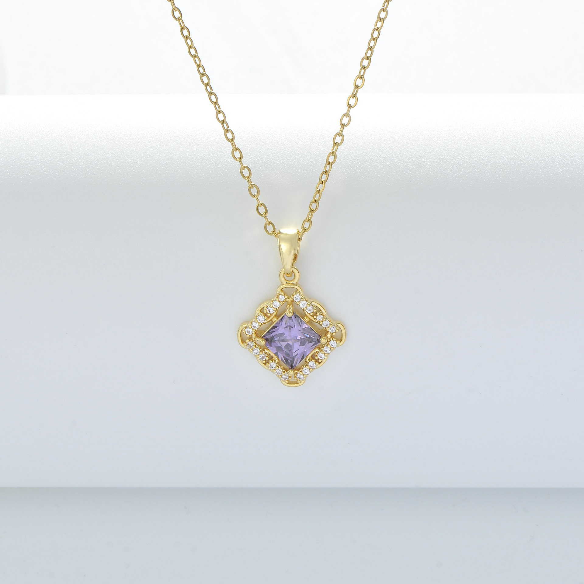 外贸跨境亚马逊紫色的锆石菱形设计项链女轻奢小众高级感饰品批发