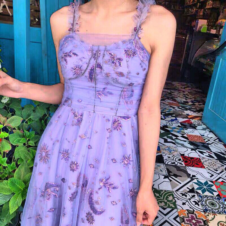 紫色仙女裙chic温柔吊带连衣裙甜美风网纱收腰礼服裙超仙森系裙子