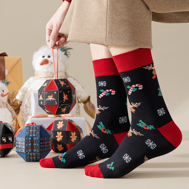 Socks Men's Autumn and Winter Mid-Calf Length Socks Gift Box Cartoon Pattern Christmas Stockings Cross-Border Christmas Gift Men's New Year Socks