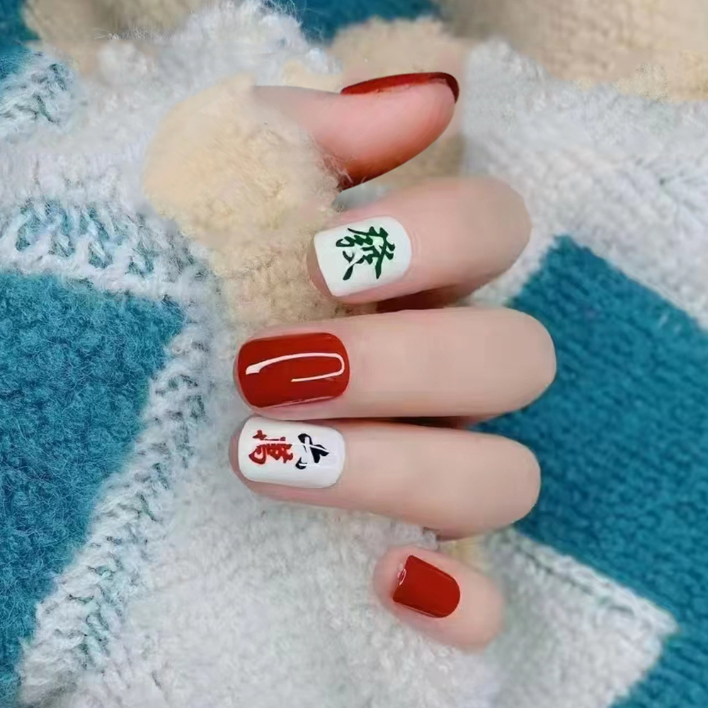 简约发财麻将速贴甲片 果冻胶美甲甲片 简约穿戴甲短款批发