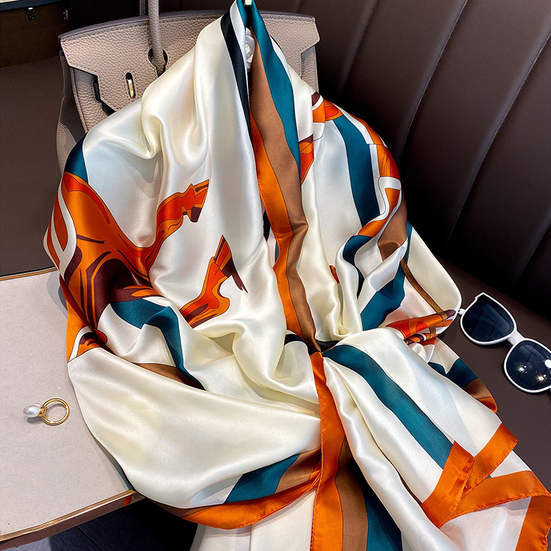 New Summer Sunscreen Scarf Women's Brocade Satin Printed Lengthened Shawl Outer Match Decorative Mother Scarf Beach Towel