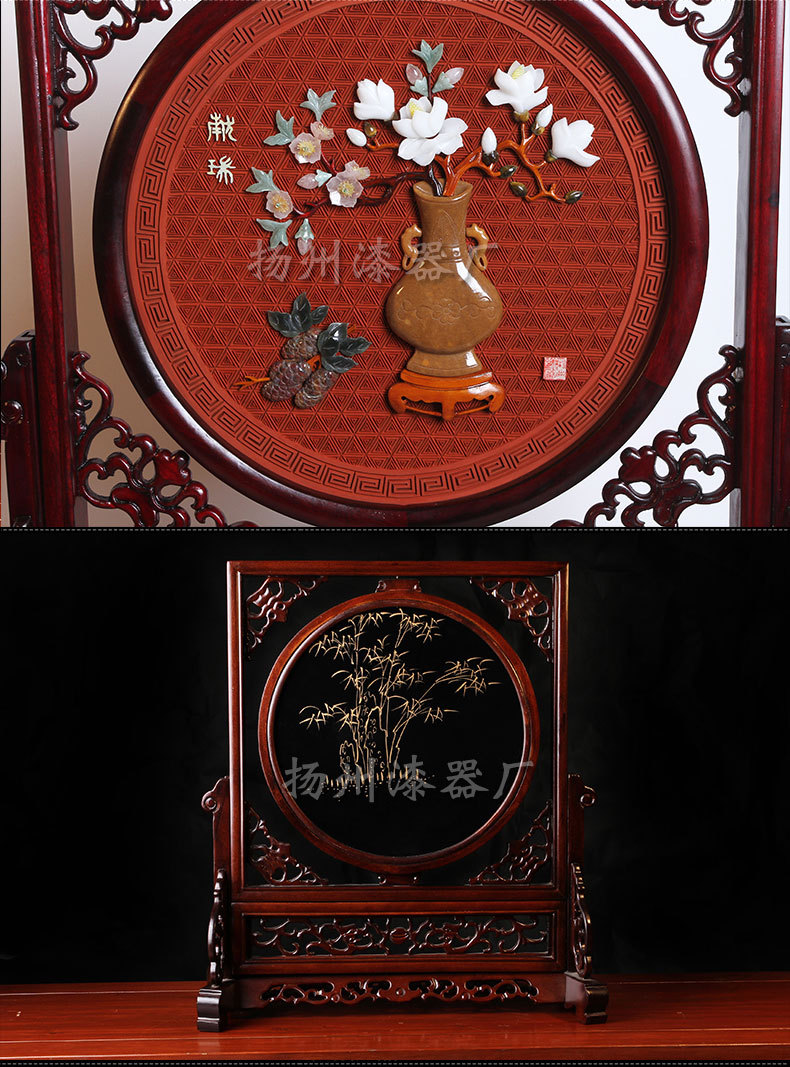 扬州漆器 雕漆嵌玉万事如意新年古典玉石家具摆件装饰工艺品