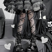 日系lolita连裤袜jk黑色袜子女春爱心条纹印花丝袜黑丝洛丽塔跨境