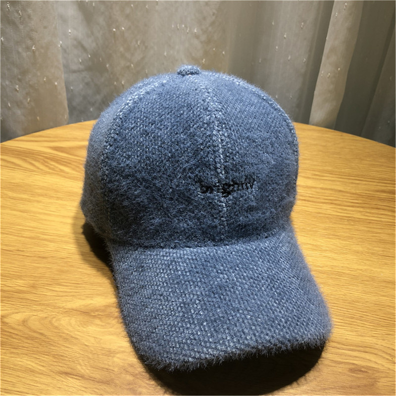 Korean-Style Thick Warm Rabbit Fur Blended Baseball Cap Women's Autumn and Winter Embroidered Letters Fashion Fashion Warm Keeping Peaked Cap