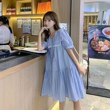 大码新款韩版宽松连衣裙女中长款2024夏季蓝色海军风泡泡袖仙女裙