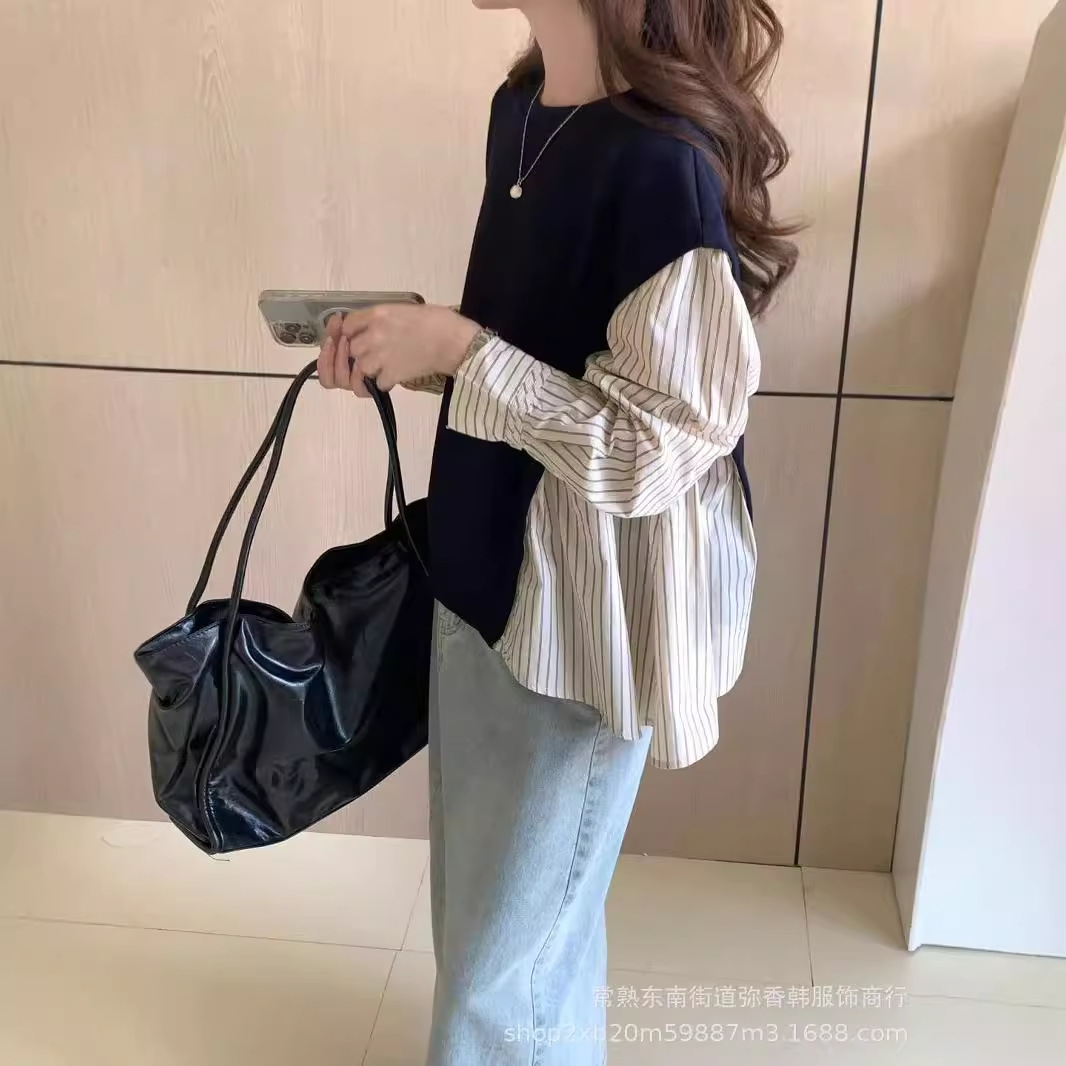 假两件衬衫拼接圆领卫衣女装2024新款秋设计感小众宽松短款上衣