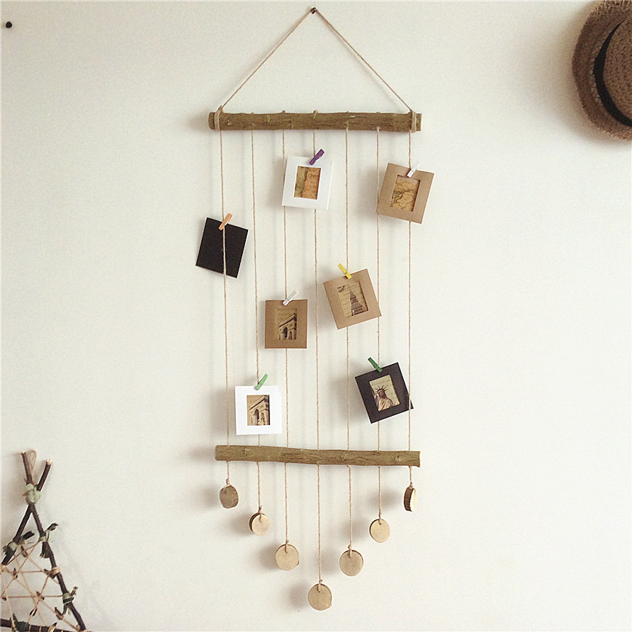 北欧风创意手工原木麻绳照片墙壁饰干树枝装饰背景墙墙上挂饰