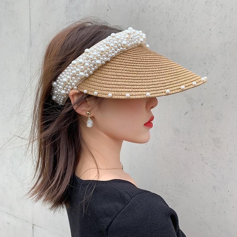 2023 New Straw Hat Women's Summer Handmade Pearl Beach Grass Topless Hat Women's Sun Hat Korean Style Internet Famous Hat