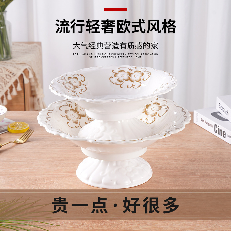Golden Edge European Style Removable Household Melamine Fruit Plate with Base Living Room Imitation Porcelain Candy Plate Dried Fruit Tray Plate