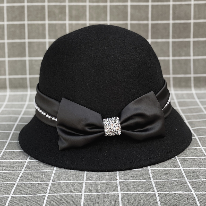 日本款优雅复古羊毛呢珍珠钻链蝴蝶结渔夫帽女秋冬盆帽时尚礼帽子