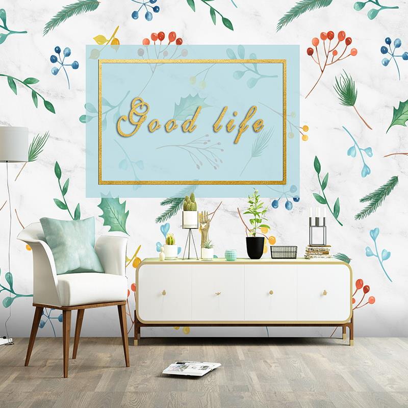 简约北欧墙纸客厅餐厅背景墙手绘清新植物树叶大理石纹墙布壁纸