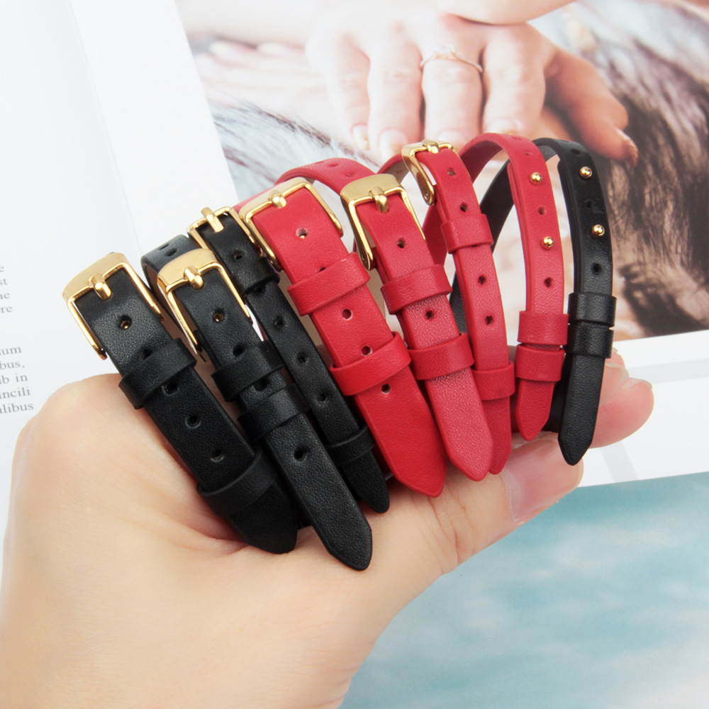 3d硬金黄金珠宝穿孔皮手带6 8 10 毫米宽不锈钢金色扣皮手链