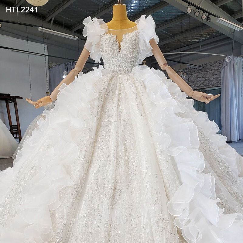 婚纱2021年新款大拖尾胖妹妹梦幻公主风闪亮显瘦荷叶边蓬蓬婚纱裙