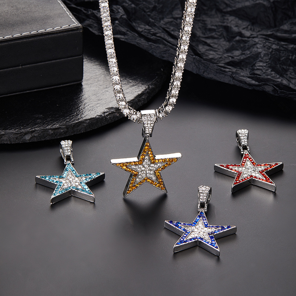 European Hip Hop New Five-Pointed Star Pendant Colorful Exquisite Personality Alloy Spot Drill Five-Pointed Star Necklace Pendant Wholesale