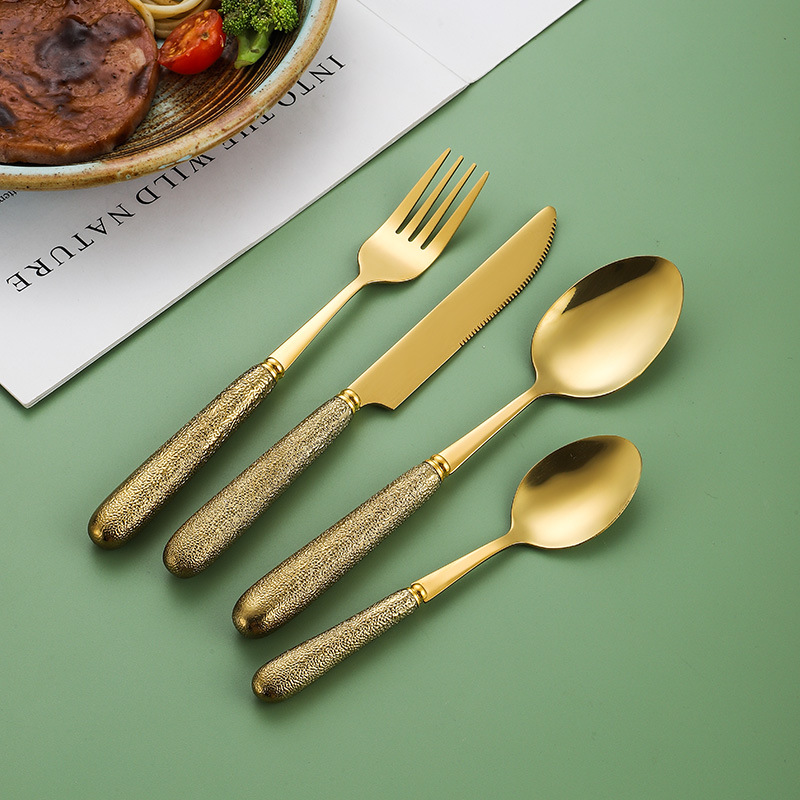 Vintage Stainless Steel Ceramic Handle Knife, Fork and Spoon Coffee Spoon Long Handle Household Light Luxury Western Food Knife, Fork and Spoon Four-Piece Set