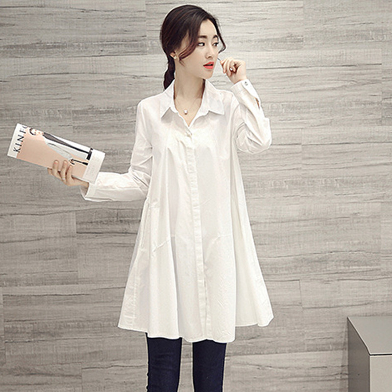 大码女装春秋季上衣时尚翻领雪纺衫 中长款小众衬衣裙宽松衬衫女