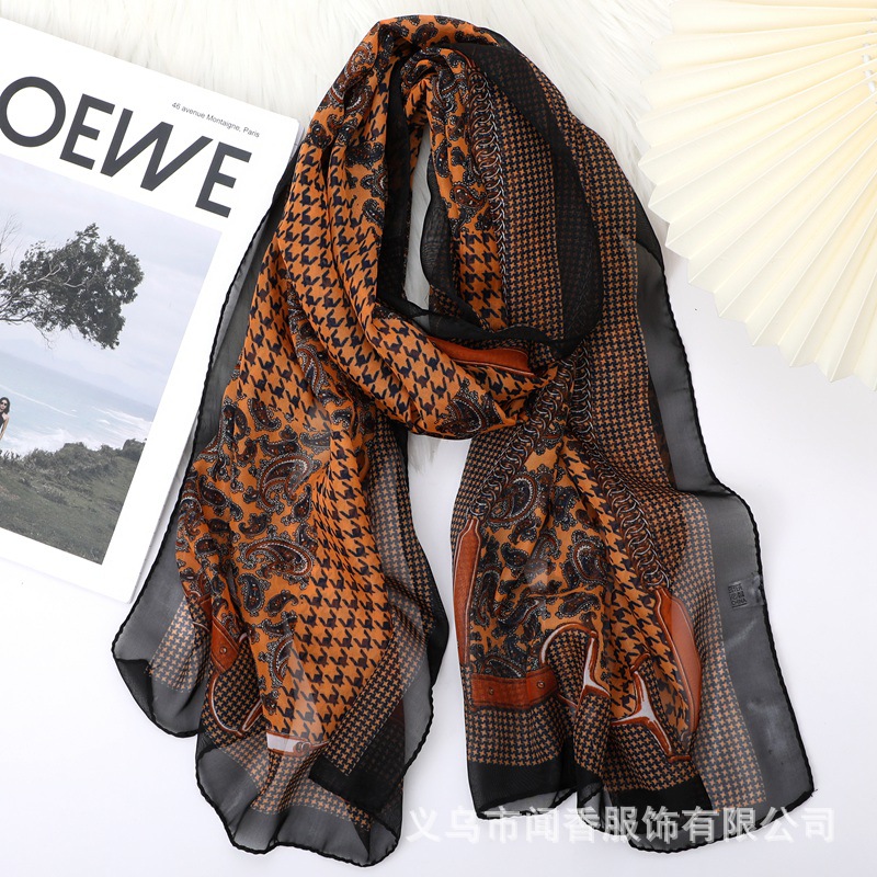 New Chiffon Silk Scarf Houndstooth Cashew Printed Scarf Spring and Summer Sunscreen Scarf Autumn and Winter Neck Protection Scarf Thin Silk Scarf